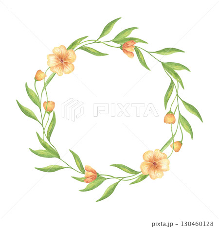 Round flower wreath with orange violets. Yellow wildflowers with greenery. Watercolor wreath with space for text, for wedding invitations, holiday cards, and birthday greetings. 130460128