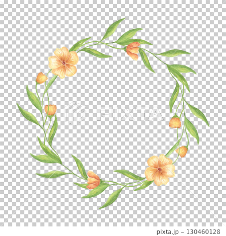 Round flower wreath with orange violets. Yellow wildflowers with greenery. Watercolor wreath with space for text, for wedding invitations, holiday cards, and birthday greetings. Round flower wreath with orange violets. Yellow wildflowers with greenery. Watercolor wreath with space for text, for wedding invitations, holiday cards, and birthday greetings. 130460128