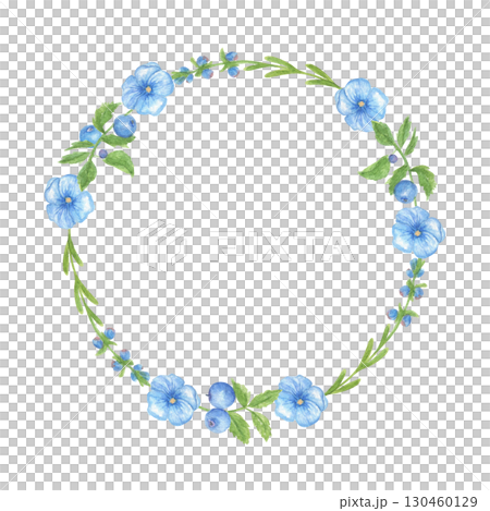 Round flower wreath with blue wildflowers and blueberry berries. Watercolor frame with delicate wildflowers and berries. Meadow flower frame for greeting cards and wedding invitations. Round flower wreath with blue wildflowers and blueberry berries. Watercolor frame with delicate wildflowers and berries. Meadow flower frame for greeting cards and wedding invitations. 130460129