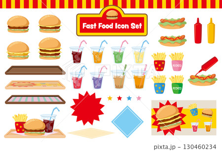 ファストフードアイコンセット|ハンバーガー・ホットドッグ・ポテト・ドリンク・看板 ファストフードアイコンセット|ハンバーガー・ホットドッグ・ポテト・ドリンク・看板 130460234