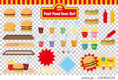 ファストフードアイコンセット|ハンバーガー・ホットドッグ・ポテト・ドリンク・看板 ファストフードアイコンセット|ハンバーガー・ホットドッグ・ポテト・ドリンク・看板 130460234