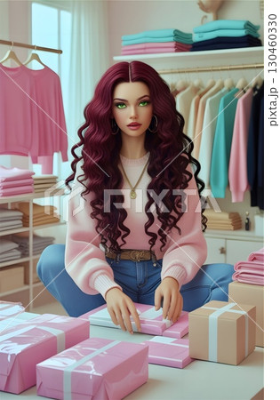 A woman with long curly hair and bright eyes is seated in a stylish setting. She's wearing a pink sweater, jeans, and a pendant necklace. 130460330