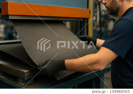 Worker handling carbon fiber sheets on industrial press machine, showcasing high tech manufacturing process with precision and care 130460503