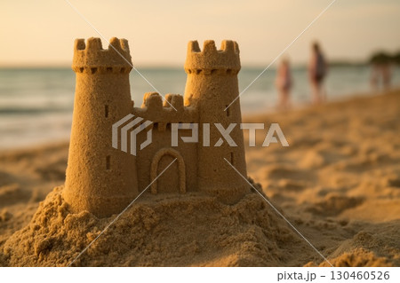 Warm Evening Light on Twin Towers Sandcastle at Beach Shoreline Family Vacation Moment Captured 130460526