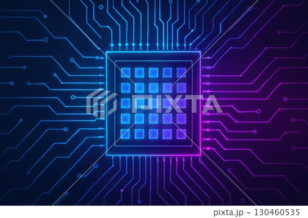 Aesthetic Viewpoint of Futuristic Microchip Data Processing in Dark Neon High-Tech Digital Illustration Aesthetic Viewpoint of Futuristic Microchip Data Processing in Dark Neon High-Tech Digital Illustration 130460535