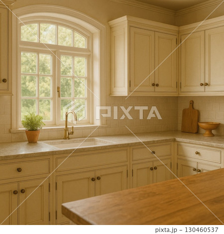 Elegant Vintage Kitchen with Creamy Cabinets and Large Garden Window French Cottage Style Natural Light Cozy Atmosphere Elegant Vintage Kitchen with Creamy Cabinets and Large Garden Window French Cottage Style Natural Light Cozy Atmosphere 130460537