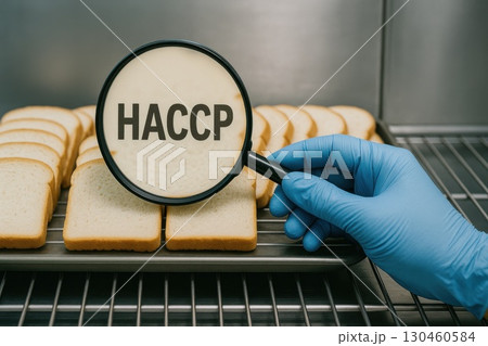 Food Safety Inspection of Sliced Bread Under Magnifying Glass in Bakery Production Line Stainless Steel Environment 130460584
