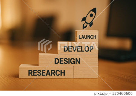 Startup Project Development Steps Research, Design, Develop, and Launch with Rocket Icon Corporate Environment Warm Tone 130460600