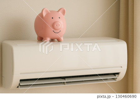Smiling pink piggy bank on top of air conditioner symbolizes energy saving and financial efficiency in cozy home setting 130460690