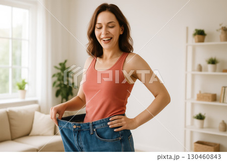 Happy woman wearing oversized jeans showing weight loss progress, smiling indoors in bright home setting, celebrating her fitness transformation 130460843