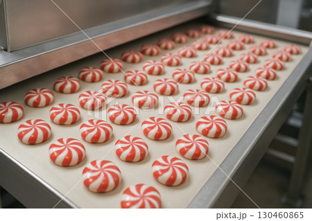 Freshly made red and white striped peppermint candies arranged neatly on conveyor belt in sweet manufacturing process, showcasing candy production 130460865