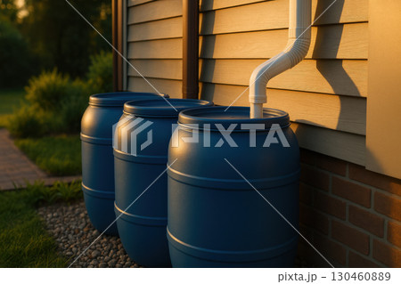 Collecting rainwater in blue barrels from white gutter pipe outside house, promoting sustainability in garden with warm evening light 130460889