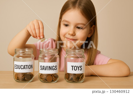 Young girl placing coins into glass jars labeled education, savings, and toys, promoting financial literacy and money saving habits for children 130460912