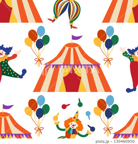 Seamless pattern with CIRCUS theme. Clowns, strongmen, lions, magic hat, hare in hat, holiday, balloons, tents. Circus characters. Cartoon flat style. 130460950