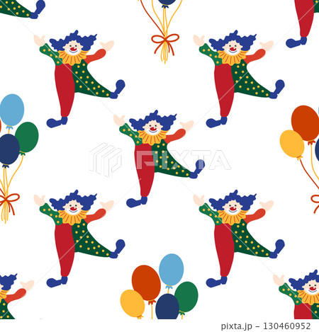 Seamless pattern with CIRCUS theme. Clowns, strongmen, lions, magic hat, hare in hat, holiday, balloons, tents. Circus characters. Cartoon flat style. 130460952
