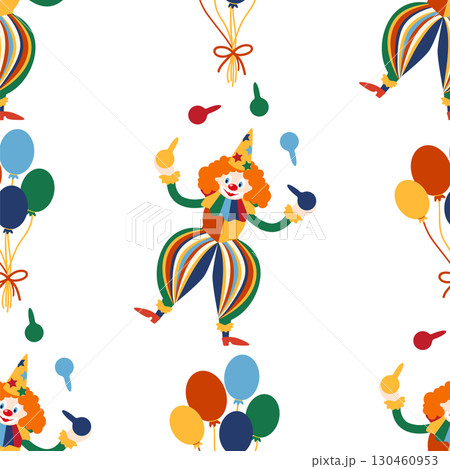 Seamless pattern with CIRCUS theme. Clowns, strongmen, lions, magic hat, hare in hat, holiday, balloons, tents. Circus characters. Cartoon flat style. Seamless pattern with CIRCUS theme. Clowns, strongmen, lions, magic hat, hare in hat, holiday, balloons, tents. Circus characters. Cartoon flat style. 130460953