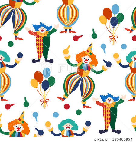 Seamless pattern with CIRCUS theme. Clowns, strongmen, lions, magic hat, hare in hat, holiday, balloons, tents. Circus characters. Cartoon flat style. 130460954