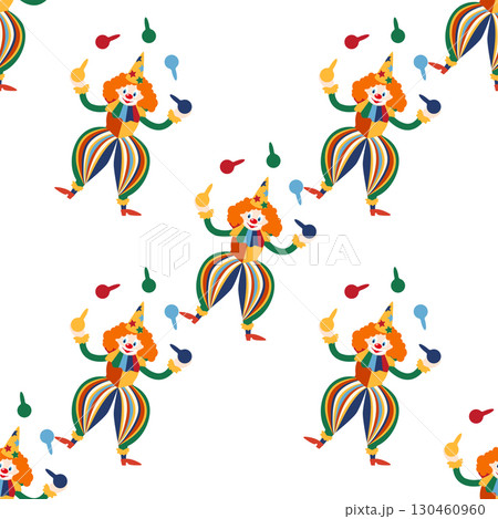 Seamless pattern with CIRCUS theme. Clowns, strongmen, lions, magic hat, hare in hat, holiday, balloons, tents. Circus characters. Cartoon flat style. Seamless pattern with CIRCUS theme. Clowns, strongmen, lions, magic hat, hare in hat, holiday, balloons, tents. Circus characters. Cartoon flat style. 130460960