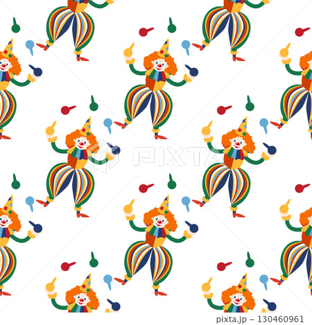 Seamless pattern with CIRCUS theme. Clowns, strongmen, lions, magic hat, hare in hat, holiday, balloons, tents. Circus characters. Cartoon flat style. 130460961
