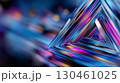 Iridescent metallic triangular prism creating futuristic tunnel passage, reflecting technological innovation with sleek geometric design against blurred backdrop 130461025