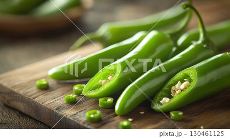 Spicy green chili peppers cut and whole on kitchen board 130461125