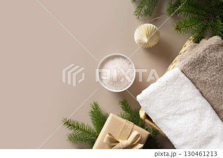 Christmas banner with craft gift, paper eco friendly gift and festive composition. Christmas banner with craft gift, paper eco friendly gift and festive composition. 130461213