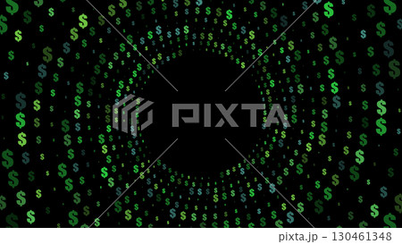 Background with a swirling vortex of green dollar signs of varying shades, radiating outwards from a central dark circular area. 130461348