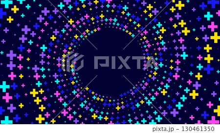 Abstract background with a swirling pattern of colorful plus signs on a dark blue background. 130461350