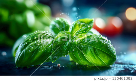 Fresh basil leaves with water droplets on a dark surface 130461392