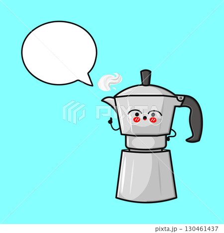 A cute cartoon Moka pot character with a speech bubble, enjoying a cup of coffee. A cute cartoon Moka pot character with a speech bubble, enjoying a cup of coffee. 130461437