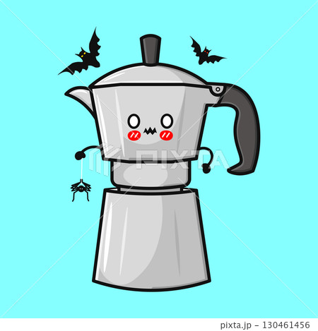 This cute illustration features a Halloween coffee maker with bats and a spider in a whimsical scene. 130461456
