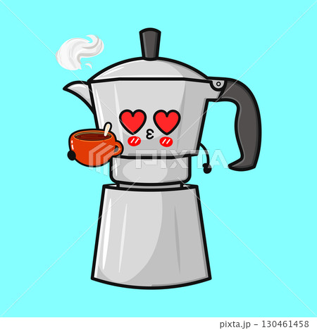A charming cartoon coffee maker expresses love, holding a warm cup of coffee. 130461458