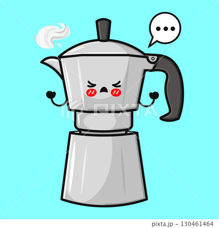 A cute cartoon moka pot character looking angry with a speech bubble. A cute cartoon moka pot character looking angry with a speech bubble. 130461464