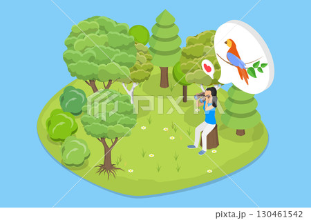 3D Isometric Flat Vector Illustration of Bird Observing, Person Using Binoculars For Bird Watching Sitting On Large Rock In Forest 3D Isometric Flat Vector Illustration of Bird Observing, Person Using Binoculars For Bird Watching Sitting On Large Rock In Forest 130461542