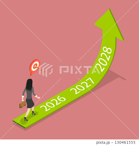 3D Isometric Flat Vector Illustration of Future Goals, Businessman Running Towards Future Goals For 2026-2028 Years 130461555