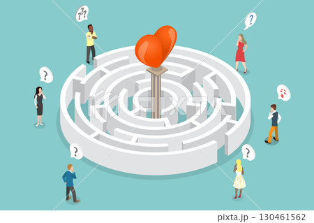 3D Isometric Flat Vector Illustration of Love Maze, Circular Maze Featuring Central Red Heart And Several Entrances 130461562