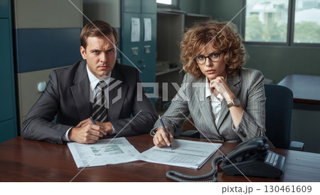 1980s colleagues review detailed spreadsheets at large wooden office table 130461609