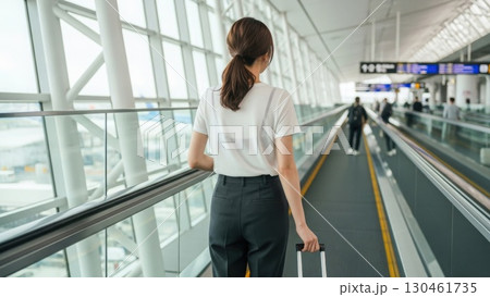 スーツケースを引きながら空港の動く歩道を進む女性の後ろ姿 130461735