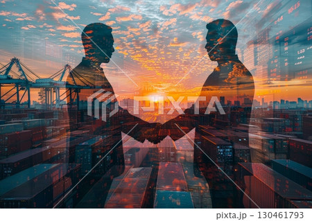 double exposure businessman handshake of business deal with logistic. Generative AI. double exposure businessman handshake of business deal with logistic. Generative AI. 130461793