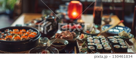 A table filled with a diverse array of fresh sushi and sashimi in a Japanese restaurant. The warm, inviting ambiance is enhanced by soft lighting and a traditional red lantern AI generated 130461834