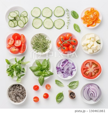 A flat lay grid of fresh salad ingredients is neatly arranged in small white bowls. Sliced cucumbers, cherry tomatoes, and various greens create a clean, minimalist composition AI generated 130461861