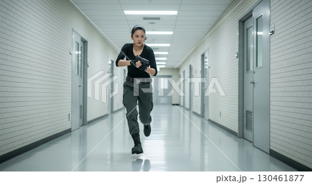 銃を構えながら廊下を走る女性 銃を構えながら廊下を走る女性 130461877