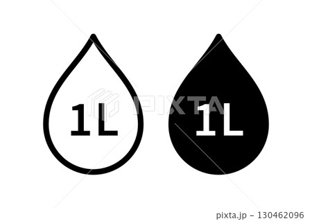 Water capacity icons set. Liquid volume symbol 1 liter. Water drop icon. Fluid volume. L sign. Scale for liquid or ingredient. Vector illustration isolated on white background Water capacity icons set. Liquid volume symbol 1 liter. Water drop icon. Fluid volume. L sign. Scale for liquid or ingredient. Vector illustration isolated on white background 130462096