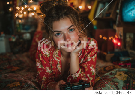 Relaxing moments with a retro game controller and cozy vibes in a retro space 130462148