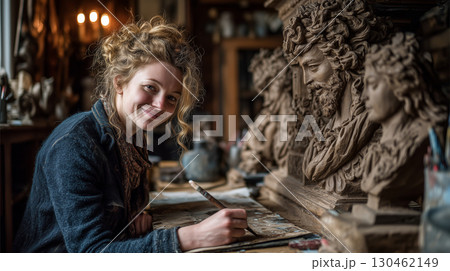 Creative woman perfecting her clay sculpture in a cozy art studio setting 130462149