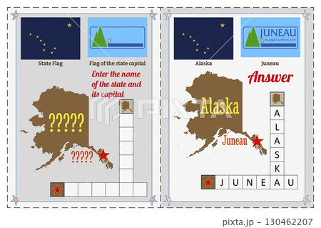 Geography of the USA for children. Question and answer. Flags, names, outline of the state and capital of Alaska. Crossword illustration. 130462207