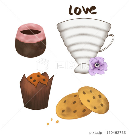 A set of illustrations depicting a perfect morning with coffee. The set consists of a cup of coffee with a flower, a clay cup, cookies, and a cupcake. A set of illustrations depicting a perfect morning with coffee. The set consists of a cup of coffee with a flower, a clay cup, cookies, and a cupcake. 130462788