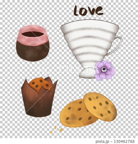 A set of illustrations depicting a perfect morning with coffee. The set consists of a cup of coffee with a flower, a clay cup, cookies, and a cupcake. A set of illustrations depicting a perfect morning with coffee. The set consists of a cup of coffee with a flower, a clay cup, cookies, and a cupcake. 130462788