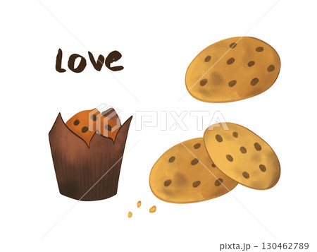 Illustration with chocolate cake and cookies. 130462789