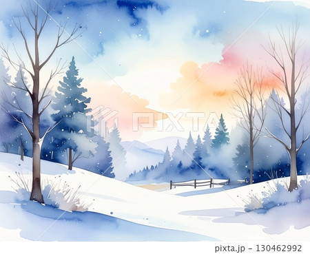 冬の風景イラスト:雪に覆われた森と朝焼けの空 冬の風景イラスト:雪に覆われた森と朝焼けの空 130462992